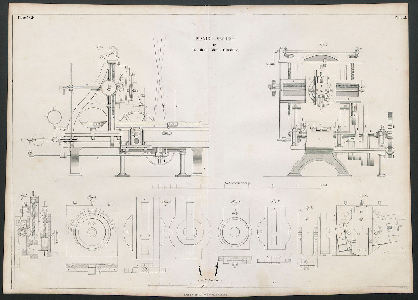 VICTORIAN ENGINEERING DRAWING Planing machine by Archibald Mylne, Glasgow 1847